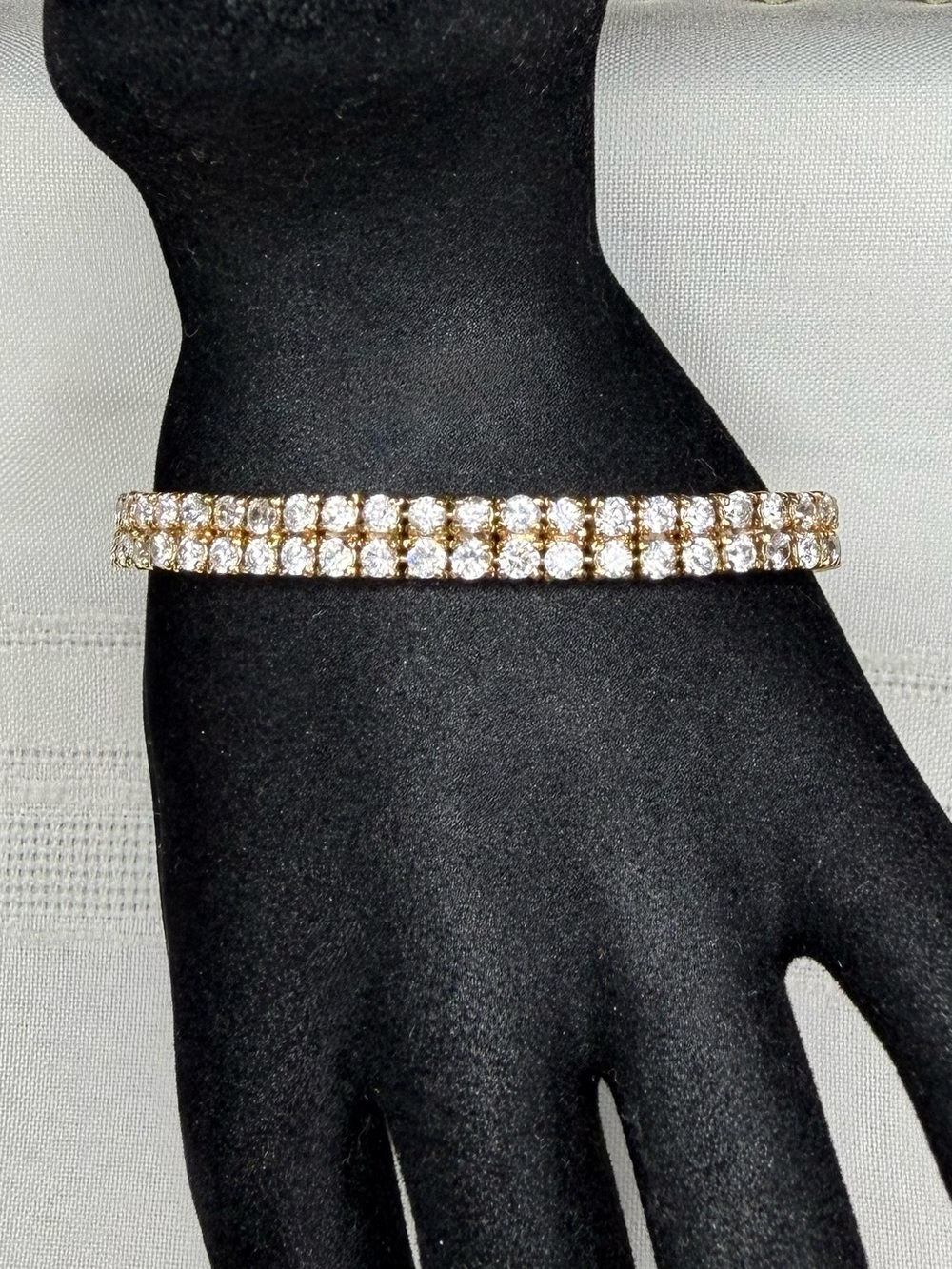 925 Sterling Silver 18k Gold Vermeil 2 Row CZ Tennis Bracelet 7-1/4” Box Clasp
